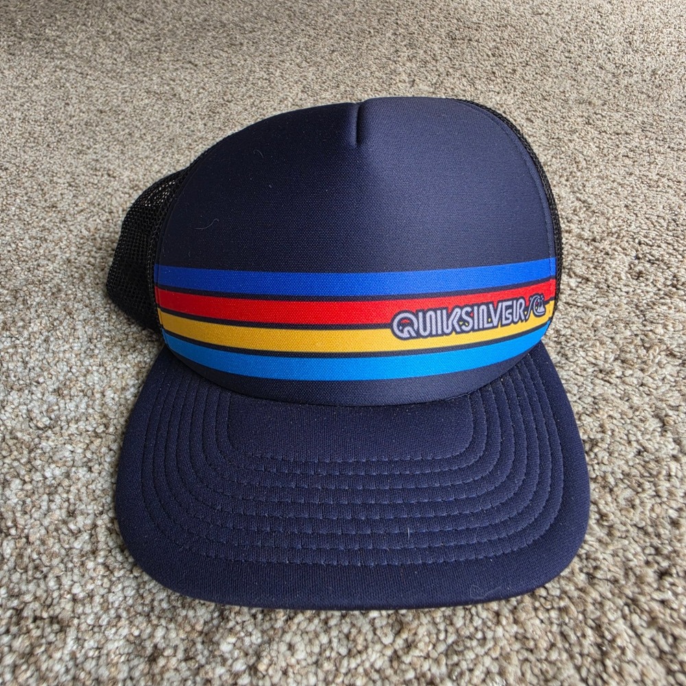 Quiksilver Trucker Hat Kids 55cm Polyester Retro Stripe Navy Blue Snapback Cap